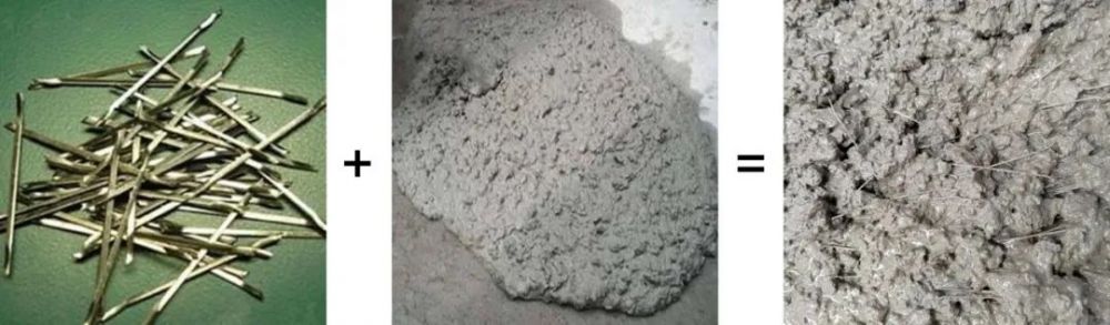 Illustration of mixing raw steel fibers with concrete to create high-performance steel fiber reinforced concrete (SFRC)