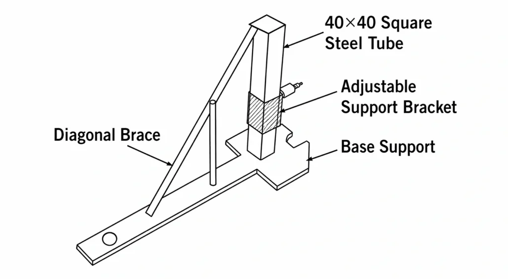 Adjustable A-frame support with square steel tube and base support for precise armored joint leveling.