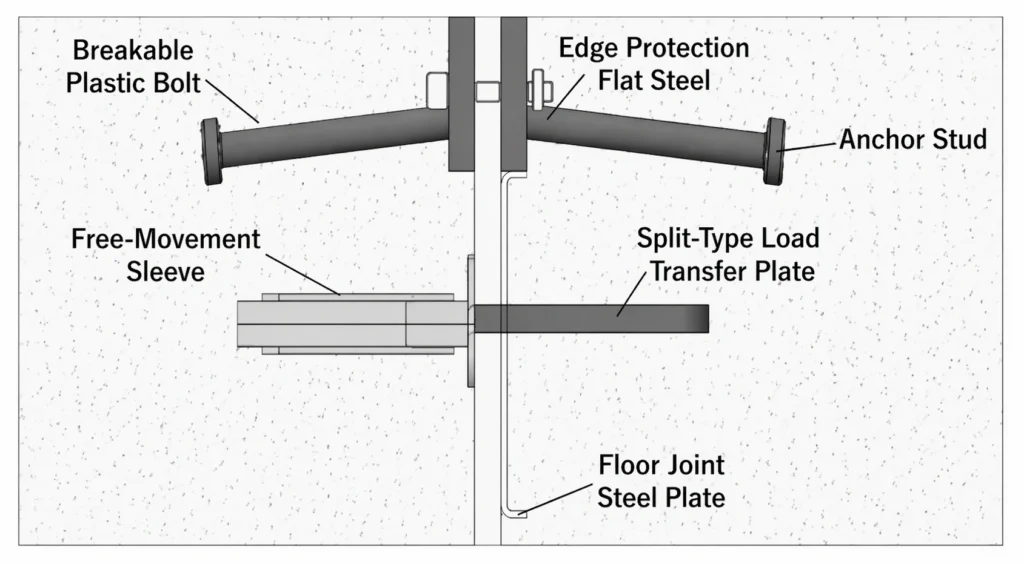Technical cross-section diagram of armored joint system showing anchor studs, load transfer plates, and sleeve components.