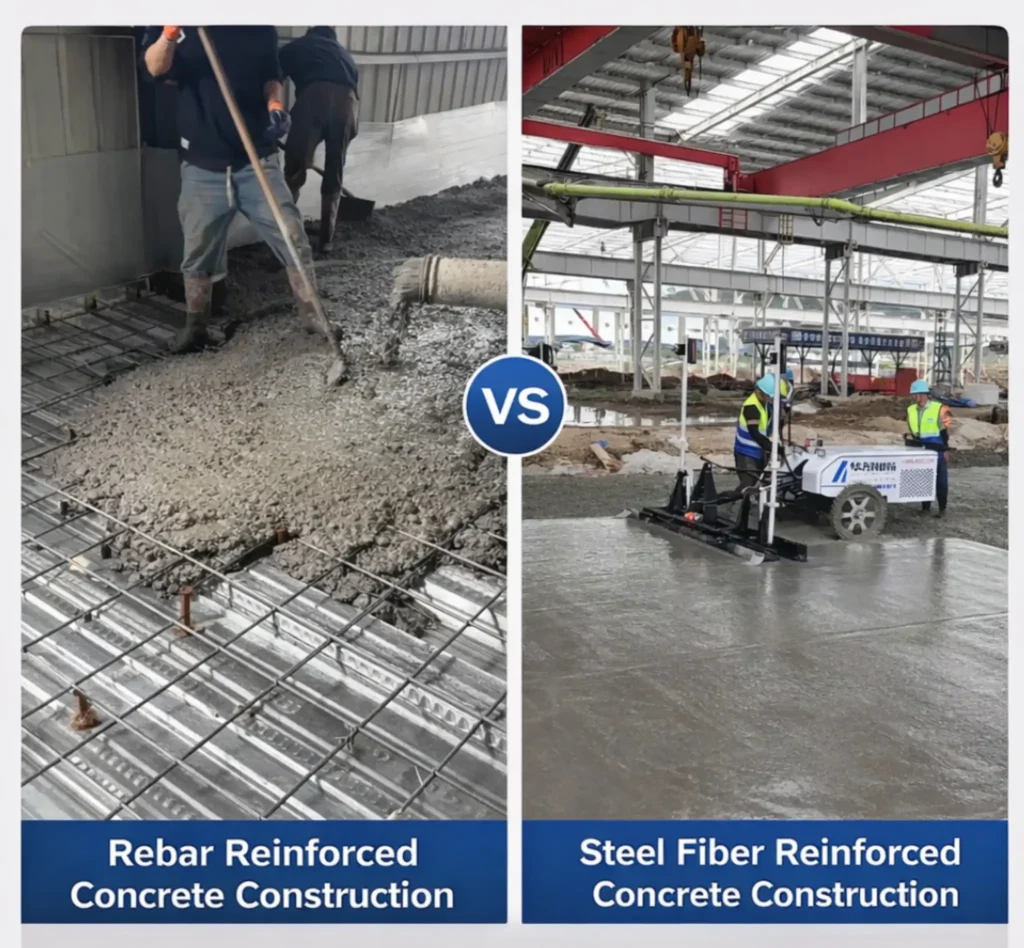 Steel fiber vs rebar cost comparison focusing on labor cost differences in concrete floor construction