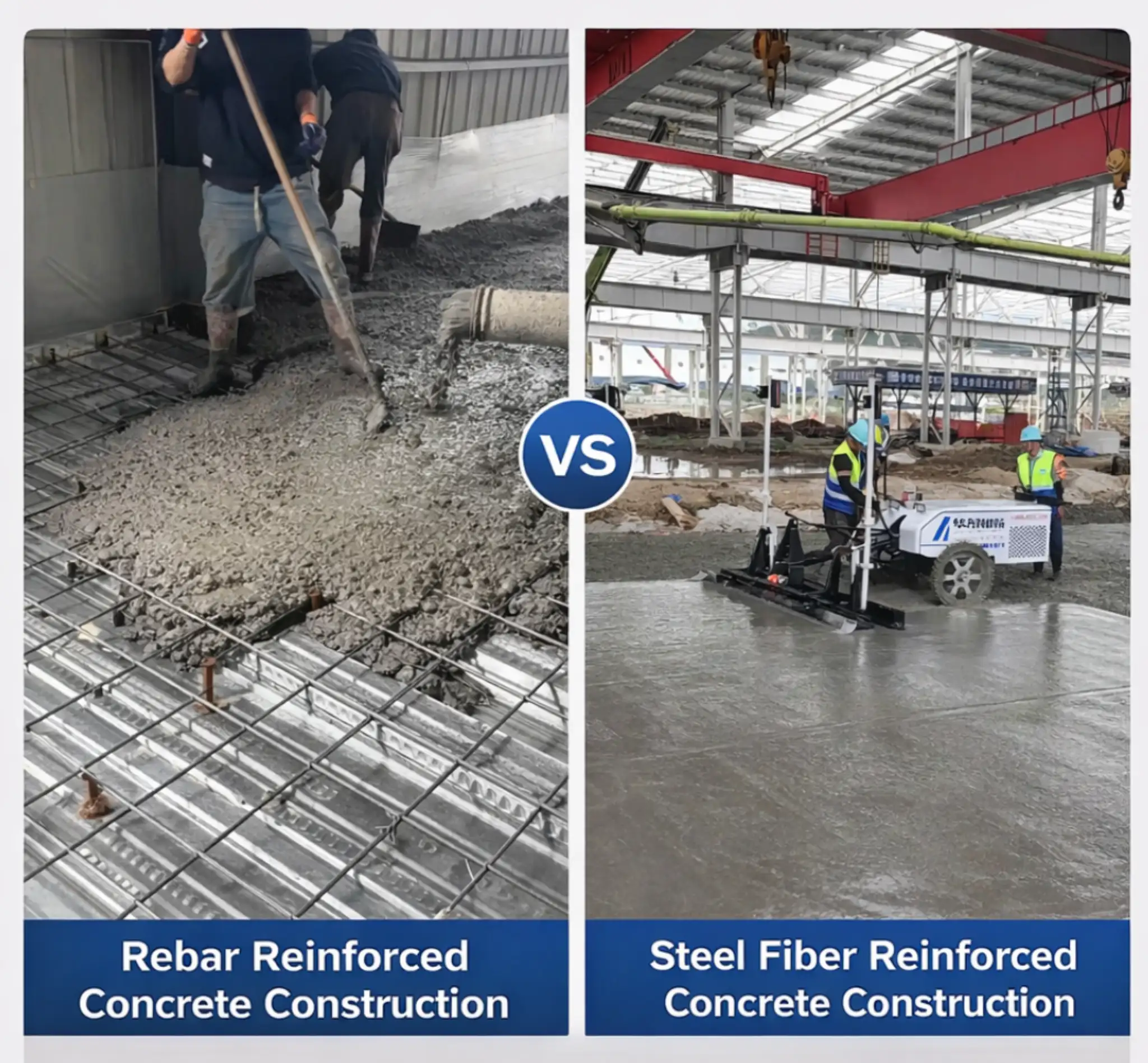 Rebar vs steel fiber reinforced concrete construction comparison showing mesh installation and laser screed finishing