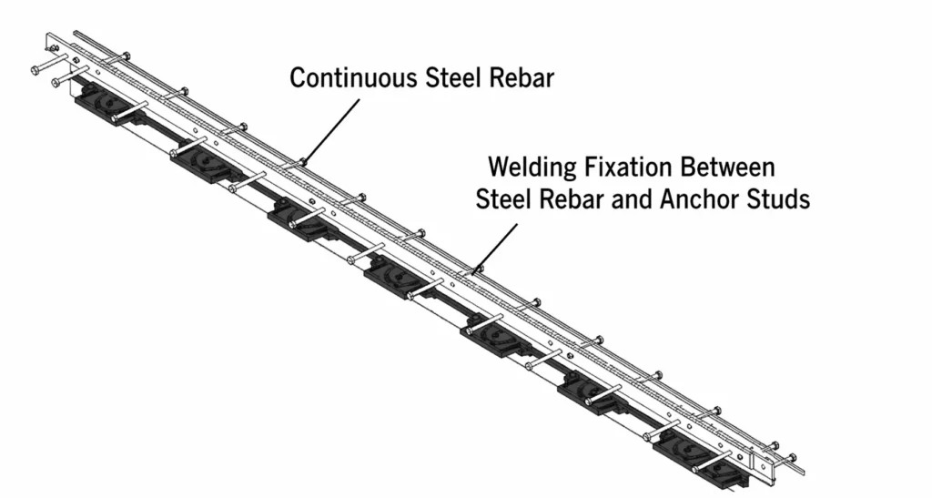 Continuous steel rebar welding fixation to anchor studs for preventing armored joint deformation during transport.