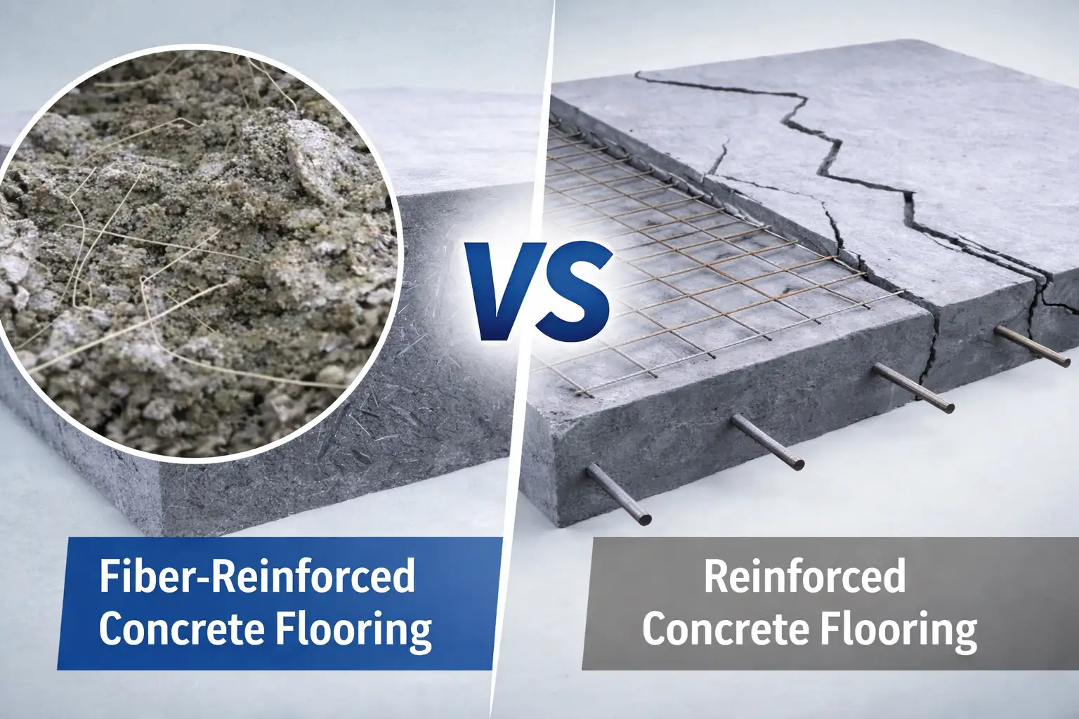 Fiber reinforced concrete flooring vs reinforced concrete flooring comparison showing structure and cost differences