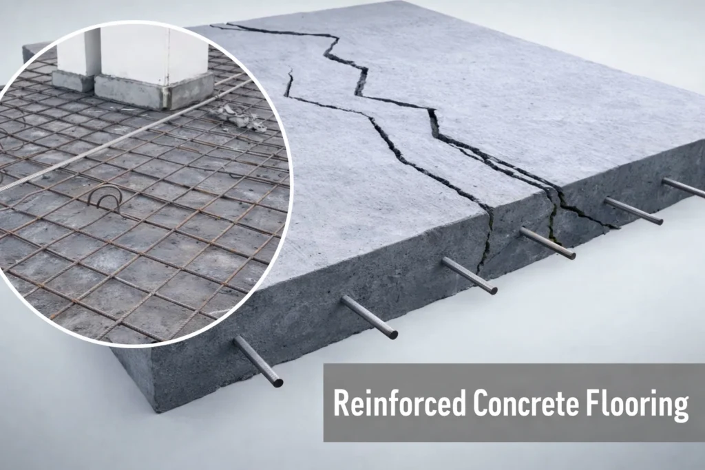 3D structure of rebar reinforced concrete showing two-dimensional reinforcement layer in concrete slab